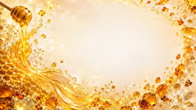 金色の粒子と琥珀が輝くみずみずしいはちみつのスプラッシュ