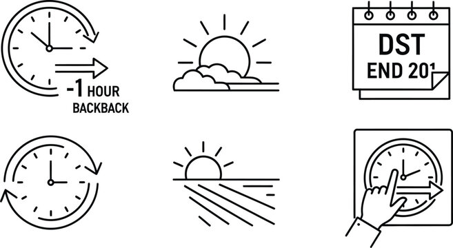Daylight saving time ends outline icon set featuring autumn fall back clocks and minus one hour symbols