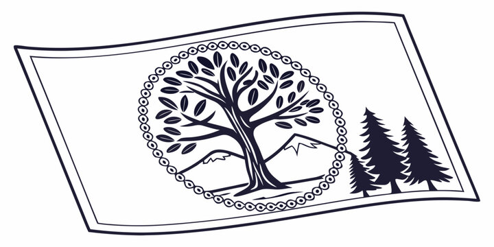 Line art badge of a tree mountain pine forest inside a circular border on a flag mountain landscape illustration outdoors wilderness