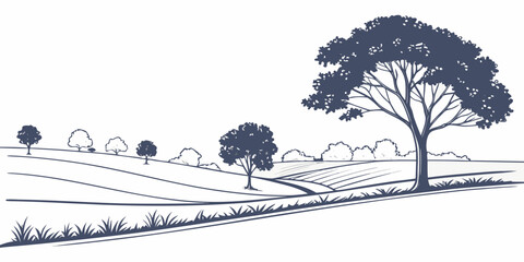 Minimalist landscape sketch with trees on rolling hills landscape countryside illustration farmland environment agriculture silhouette © Mamun