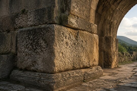 A massive, weathered cornerstone supporting an ancient stone archway.