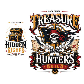 pirate flag inspired original emblem with compass and crossed swords, typography &ldquo;Treasure Hunters Guild&rdquo;, white background
