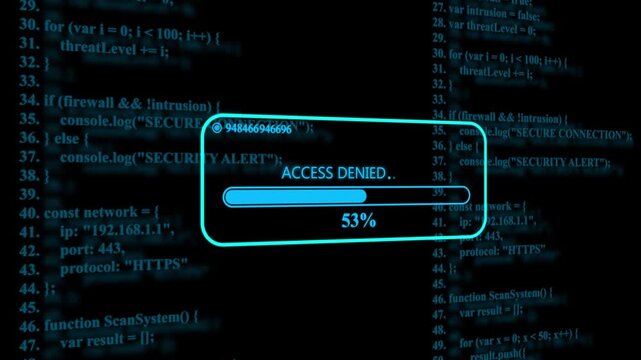 Digital interface showing a blue progress bar with the text acesdenied displayed over a dark background filled with lines of computer programming