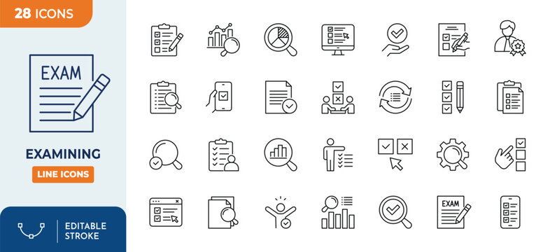 Examining Line Editable Icons set. Contain icons related to survey, test, inspection, analysis, and more. Editable stroke. Vector illustration