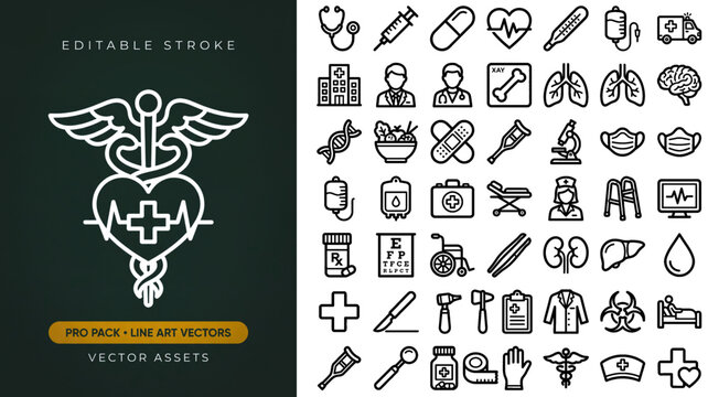 Unique Healthcare and Medical line icons pack, black and white wellness pharmacy ambulance hospital anatomy and doctor vector assets