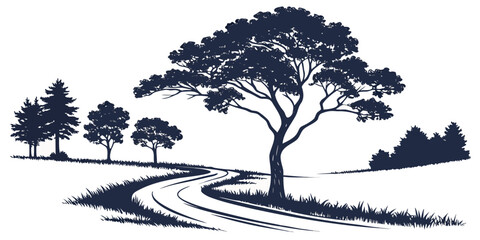 Graphic illustration of a winding path through a mix of deciduous and coniferous forest landscape with landscape coniferous deciduous illustration © Mamun