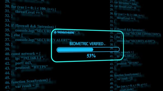 Biometric verified text displayed on a digital screen with blue computer programming code background and a loading bar showing thirty one percent progress