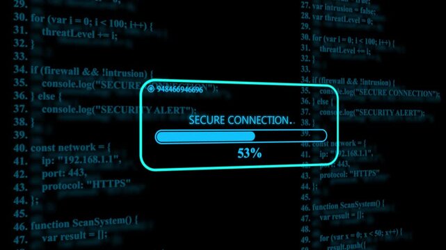 Secure connection text displayed on a digital screen with blue computer programming code background and a loading bar showing thirty one percent progress
