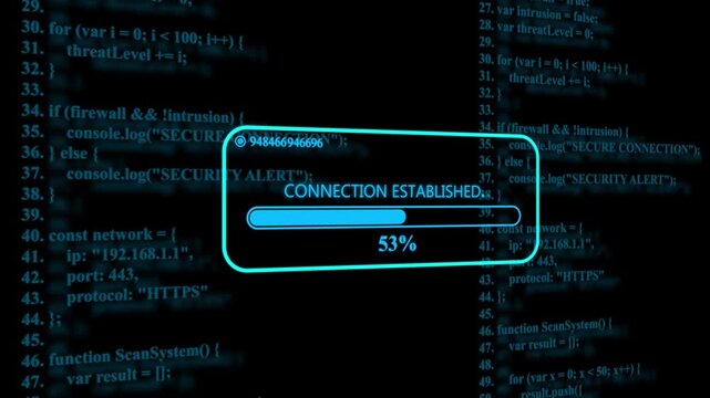 Connection established text displayed on a digital screen with blue computer programming code background and a loading bar showing thirty one percent