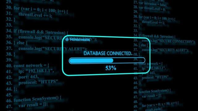 Database connected status bar with thirty one percent loading progress displayed over scrolling computer code on a dark blue digital screen background