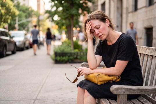 Exhausted woman sitting on a public city bench during a summer heatwave