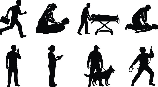 Emergency rescue team and medical personnel silhouettes performing first aid CPR and patient care activities