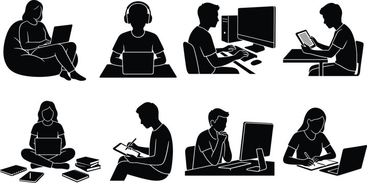 People using laptops and desktop computers collection featuring remote working online education studying and freelance silhouettes
