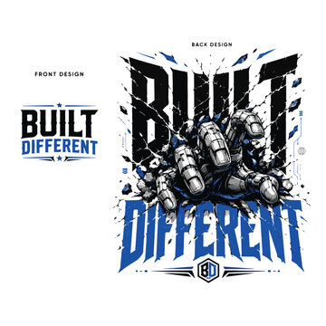 Massive typography layout "BUILT DIFFERENT", mechanical robotic hand tearing through text, futuristic streetwear design