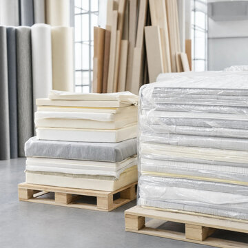 Stacks of mattresses and foam pads sit on wooden pallets in a bright warehouse interior. The scene shows packaged bedding and upholstery materials ready for storage or shipping.