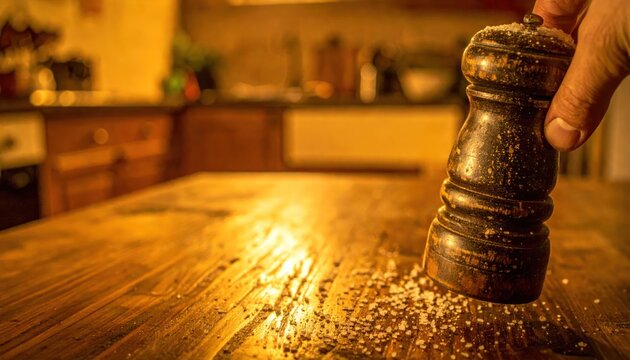 Grinding Fresh Black Pepper onto a Wooden Table.