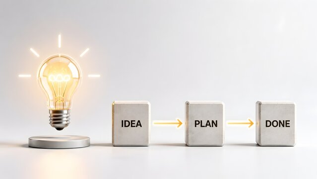 Concrete blocks showing idea plan done process with glowing lightbulb representing solid foundation for business execution and strategic project workflow