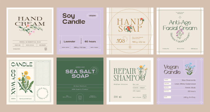 Whimsical beauty and cosmetics label collection featuring hand-drawn ink botanical sketches. Ideal for branding, packaging, and identity design.