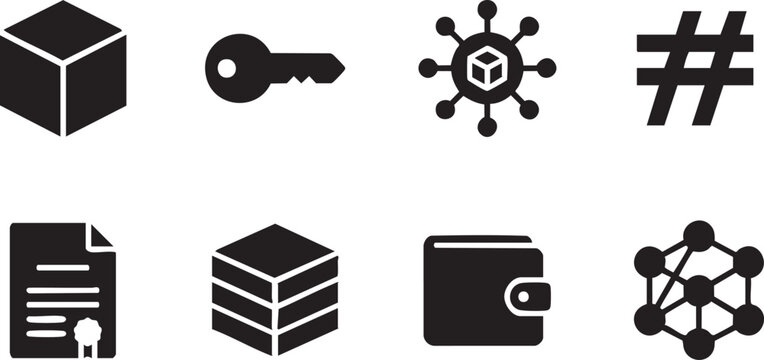 Blockchain Technology Cryptographic Security and Digital Cryptocurrency Wallet Solid Black Silhouette Icon Set