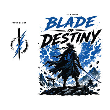 Heroic swordsman standing under lightning sky, bold typography saying "BLADE OF DESTINY"