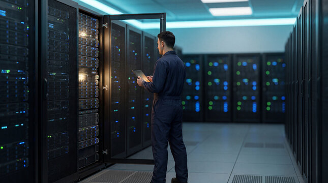 Data center technician inspecting enterprise servers inside a rack cabinet