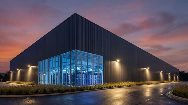 Modern data center building with illuminated server hall at dusk