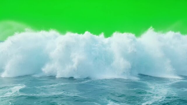 Large ocean wave rolling against a green screen background water sea surf