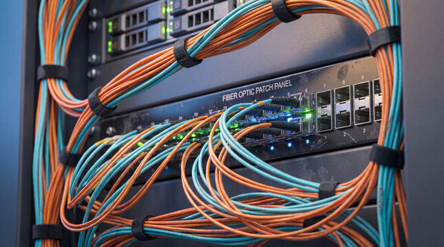 Fiber optic patch panel connected inside an enterprise network cabinet