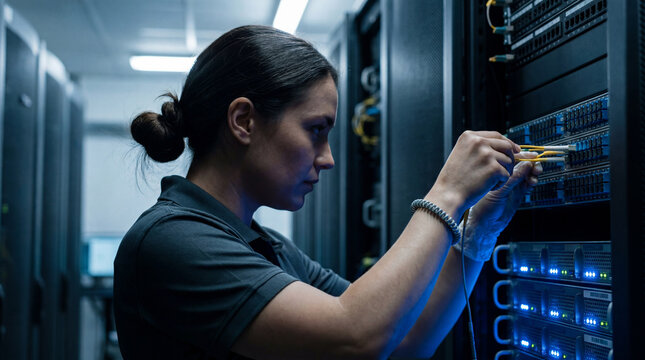 Female network technician connecting fiber cables inside a data center server rack