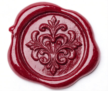 Red wax seal stamp with vintage decorative ornament isolated on white