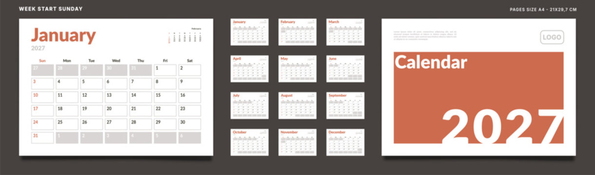 Set of 2027 Calendar Planner Template Pages Monthly, Cover with Place for Photo and Company Logo. Vector layout of a wall or desk organizer grid with week start Sunday ready print. Pages size A4, A5