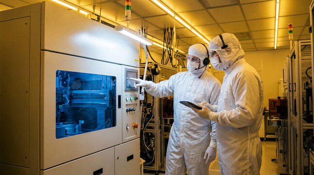 Semiconductor engineers operating advanced manufacturing equipment inside cleanroom production facility