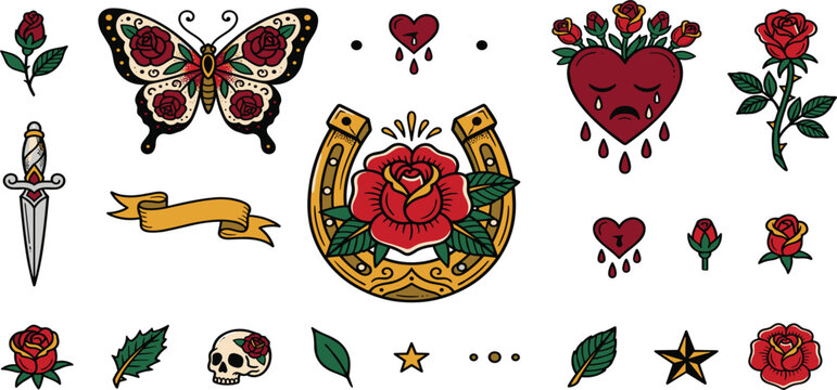 Old School Traditional Tattoo Vector Set Featuring Horseshoe Red Roses Butterfly Crying Heart Skull Dagger And Vintage Flash Art Elements Design