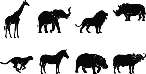 African safari wild animals black silhouettes collection featuring lion elephant giraffe zebra and rhino © MstMahurun