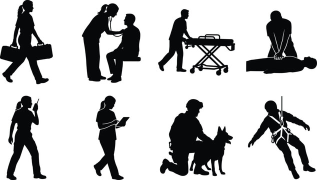 Emergency medical services and rescue team silhouettes performing first aid CPR and patient care activities