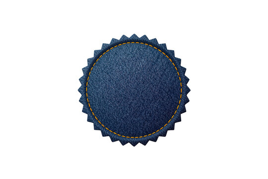 Blue denim fabric patch featuring orange stitching, a blank circular badge with a jagged edge for branding or text