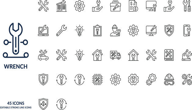 Minimalist monoline maintenance and engineering icon set for technical UI design