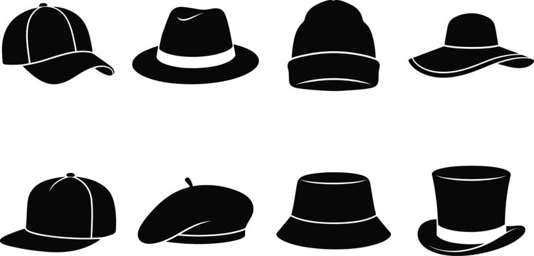 Hats and caps black silhouettes collection featuring baseball cap beanie fedora beret bucket hat and top hat