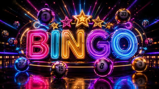 Neon bingo lettering featuring glowing stars and floating numbered lottery spheres on dark stage set.