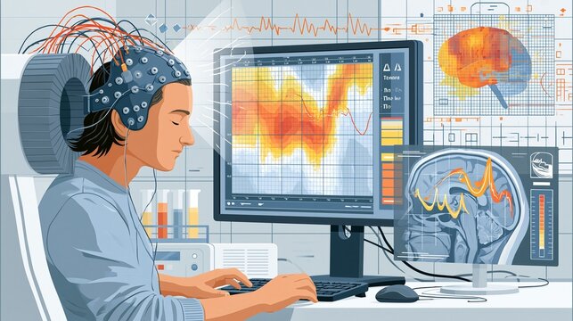 A neuroscience lab monitor shows an EEG brain map with warm heat zones, delta and theta wave overlays, and a head coil around a seated patient; electrode cap, cortical activation grid.