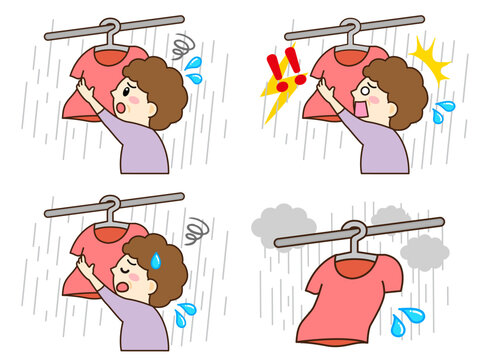 雨の日に洗濯物を取り込む主婦のイラスト素材セット