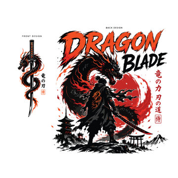 Fierce warrior with dragon silhouette behind, large typography saying "DRAGON BLADE"
