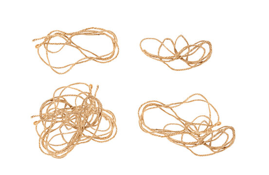 Twine rope piece isolated, jute loop fragment, beige packaging cord knots, old natural line cable