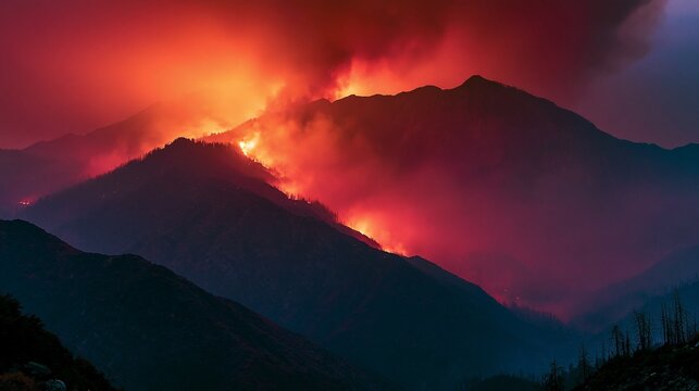 An intense view of a mountain range under a deep red sky, with firelight illuminating the smoke-filled air. The composition captures the chaos of nature's fury in a hauntingly beautiful way.