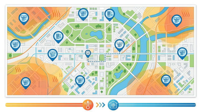 Top-down view of a stylized city map with navigation pins and heat zones, illustrating urban planning and location services against a clean background
