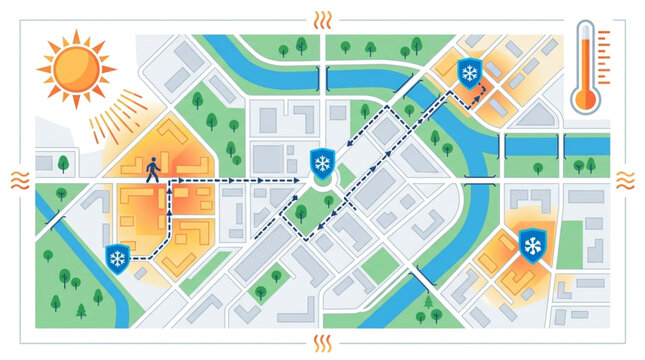 Top-down illustration of a city map showing urban heat island effects with a person walking towards a cooler zone, contrasted by a thermometer and sun graphic
