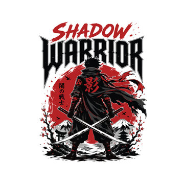 Powerful anime-inspired warrior standing with crossed swords, flowing cape, dramatic pose, bold typography saying "SHADOW WARRIOR"