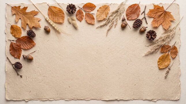 Minimal Neutral Fall Flat Lay on Handmade Paper with Autumn Leaves and Copy Space