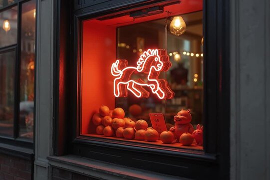 Neon horse and mandarins in festive shop window &mdash; atmosphere of Lunar New Year, luck, and celebration