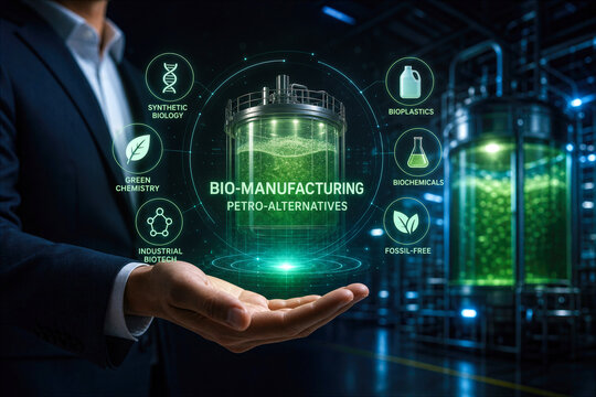 Bio-manufacturing petro-alternatives commercial scale-up industrial yeast vats engineered to brew bioplastics biochemicals fossil-free synthetic biology green chemistry industrial biotech concept